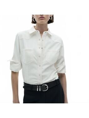 Mango Micro-Corduroy Shirt with Pockets Off White NWT Size 8/Large
